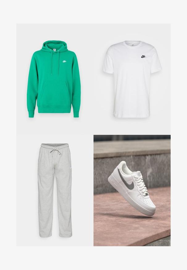 Groene Nike hoodie met een voorzak, een capuchon met trekkoord en een klein wit logo op de linkerborst. Zachte stof, normale pasvorm.; Witte katoenen t-shirt met ronde hals, korte mouwen en een zwart Nike-logo op de linkerkant van de borst. Eenvoudig, effen kleur ontwerp.; Lichtgrijze sweatpants van zachte stof. Heeft een elastische tailleband met trekkoord en een zwart Nike-logo op de linker bovenbeen.; Witte Nike Air Force 1 sneaker met grijs swoosh-logo zwevend boven een stenen oppervlak en een grijze stenen muur op de achtergrond.