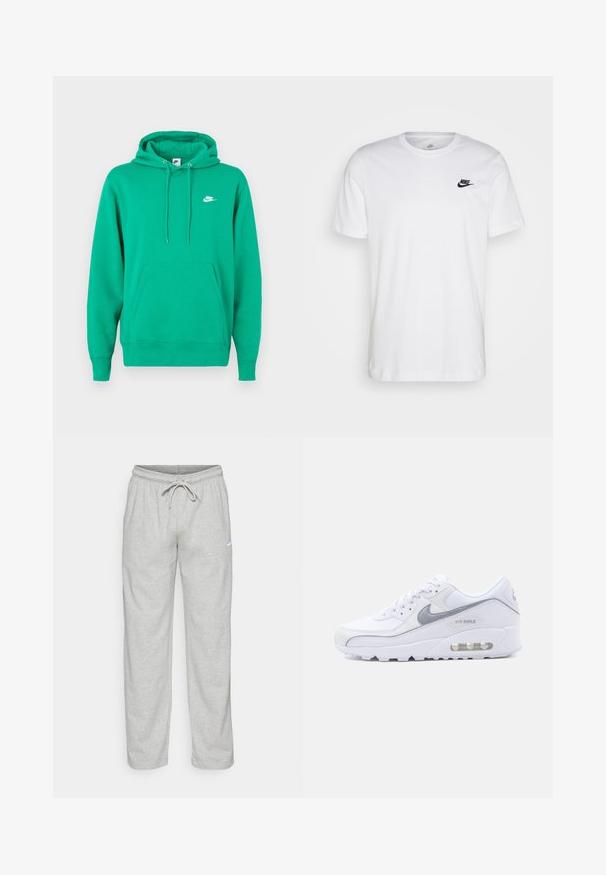 Haut à capuche Nike vert avec une poche avant, un cordon de serrage à la capuche et un petit logo blanc sur la poitrine gauche. Tissu doux, coupe standard.; T-shirt en coton blanc avec col rond, manches courtes et logo Nike noir sur la poitrine gauche. Design simple, couleur unie.; Pantalon de survêtement gris clair en tissu doux. Dispose d'une taille élastique avec cordon de serrage et logo Nike en noir sur la cuisse gauche.; Baskets Nike Air Max blanches et grises avec amorti visible dans la semelle, dessus en mesh et cuir, et le logo Nike swoosh sur le côté.