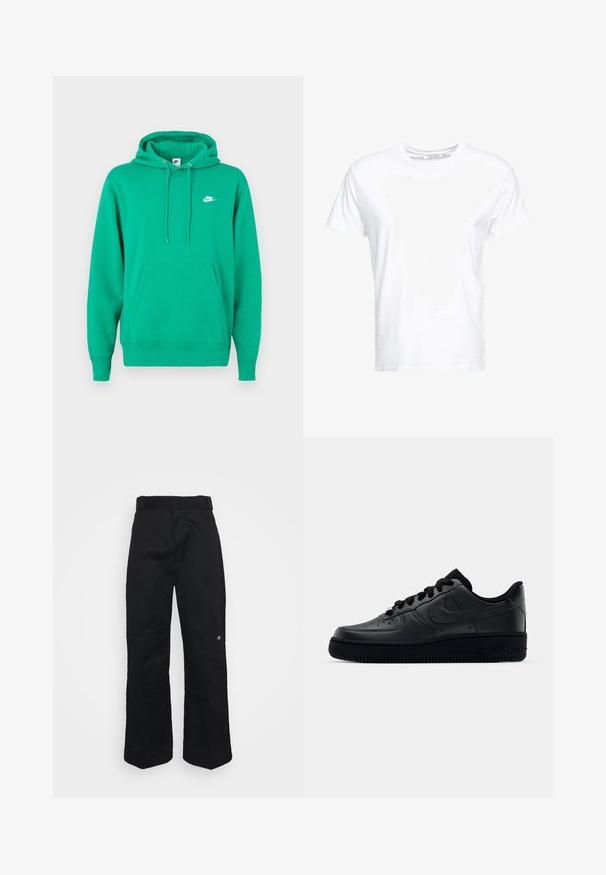 Sudadera verde de Nike con un bolsillo frontal, capucha con cordón y un pequeño logo blanco en el lado izquierdo del pecho. Tejido suave, ajuste estándar.; Camiseta de algodón blanca con cuello redondo y mangas cortas, con un corte clásico y una textura suave. Sin patrones ni elementos metálicos visibles.; Pantalones negros hechos de tela resistente, con un diseño de pierna recta, trabillas para cinturón y un pequeño logo en el lateral inferior.; Zapatilla Nike Air Force 1 negra con parte superior de cuero liso, puntera perforada para transpirabilidad, cordones negros y suela de goma texturizada.