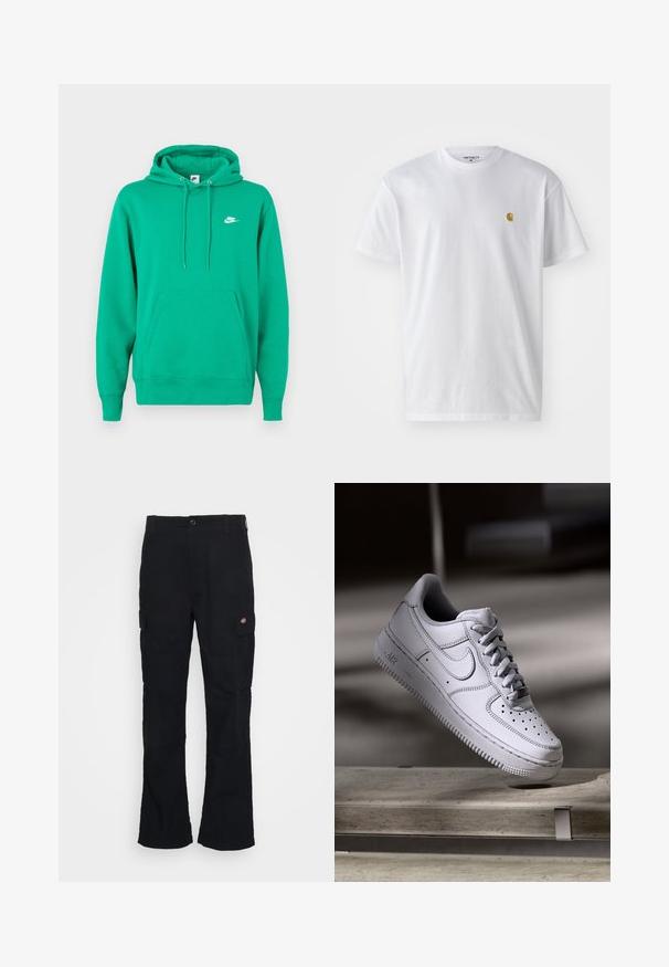 Πράσινη φόρμα Nike με τσέπη μπροστά, κουκούλα με κορδόνι και μικρό λευκό λογότυπο στο αριστερό στήθος. Μαλακό ύφασμα, κανονική εφαρμογή.; Λευκό βαμβακερό T-shirt με κοντά μανίκια, κλασική λαιμόκοψη, που διαθέτει ένα μικρό χρυσό λογότυπο στην αριστερή περιοχή του στήθους. Μαλακή υφή και κανονική εφαρμογή.; Μαύρο cargo παντελόνι με ίσια γραμμή, φτιαγμένο από ανθεκτικό ύφασμα, διαθέτει πλαϊνές τσέπες και λογότυπο μπατζάκι στην αριστερή πλευρά.; Λευκό δερμάτινο αθλητικό παπούτσι Nike Air Force 1 με διάτρητο μπροστινό μέρος, επίπεδα κορδόνια και υφή στην καουτσούκ σόλα με το λογότυπο "AIR" στην πλευρά.