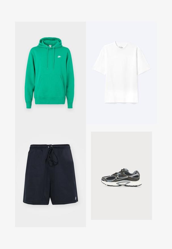 Grøn Nike hoodie med en frontlomme, hætte med snoretræk og et lille hvidt logo på venstre bryst. Blødt stof, standard pasform.; Enkel hvid T-shirt med korte ærmer og rund hals med afslappet pasform, vist på en lys baggrund.; Marineblå bomulds-shorts med elastisk talje og justerbar snor. Har sidelommer og et lille logo på kanten.; Grå og sort Nike løbesko med hvid sål og swoosh-logo, med mesh- og ruskindspaneler, set fra ydersiden.