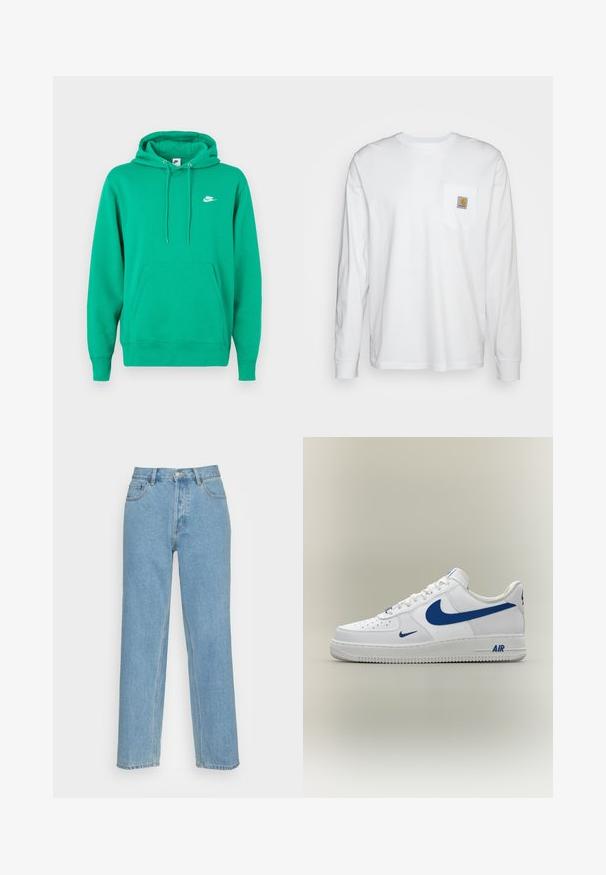 Haut à capuche Nike vert avec une poche avant, un cordon de serrage à la capuche et un petit logo blanc sur la poitrine gauche. Tissu doux, coupe standard.; Chemise blanche à manches longues en coton, dotée d'une poche poitrine avec un patch logo carré. Design simple avec un col arrondi et des manches à poignets.; Jean droit bleu clair en denim, avec une coupe classique à cinq poches, une fermeture à bouton sur le devant et des détails de couture visibles.; Baskets blanches Nike Air Force 1 avec logos swoosh bleus et texte "AIR" sur la semelle, vues de côté sur un fond neutre.