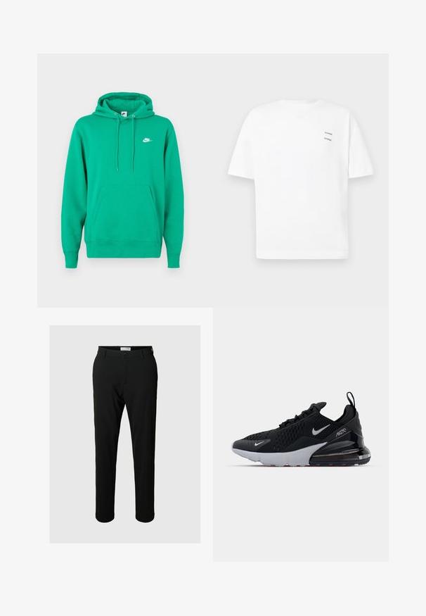 Zelená mikina Nike s vreckom na prednej strane, kapucňou so šnúrkou a malým bielym logom na ľavej hrudi. Mäkká tkanina, štandardný strih.; Biely bavlnený tričko s voľným strihom, krátkymi rukávmi a výstrihom do V. Obsahuje dva malé čierne potlačené logá na ľavej strane.; Čierne nohavice vyrobené z hladkej tkaniny, s gombíkovým zapínaním, pútkami na opasok a rovnými nohavicami.; Čierne športové topánky s hornou časťou z mäkkej sieťoviny, bielou medzipodrážkou a viditeľným vzdušným tlmením v päte. Elegantný dizajn s jemnými striebornými akcentmi.