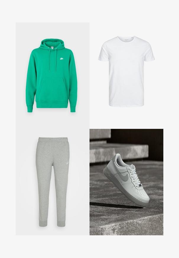 Groene Nike hoodie met een voorzak, een capuchon met trekkoord en een klein wit logo op de linkerborst. Zachte stof, normale pasvorm.; Ronde hals kortemouwen t-shirt in effen wit, gemaakt van zachte katoen, heeft een eenvoudig ontwerp zonder zichtbare patronen of accenten.; Grijze trainingsbroek van zacht materiaal, met een taps toelopend ontwerp, elastische tailleband en klein wit Nike-logo op de linker bovenbeen.; Witte Nike Air Force 1 sneaker zwevend boven een geribbelde betonnen ondergrond met stenen traptreden op de achtergrond.