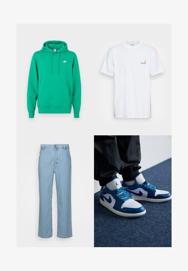 Zelená mikina Nike s vreckom na prednej strane, kapucňou so šnúrkou a malým bielym logom na ľavej hrudi. Mäkká tkanina, štandardný strih.; Biala bavlnená tričko s krátkymi rukávmi. Navrhnuté s malým oranžovým a vínovým logom na ľavej strane hrude. Obsahuje klasický crew neck.; Svetlomodré riflové nohavice so striktným strihom, s klasickým zapínaním na gombík, pútka na opasok a dvoma prednými vreckami.; Nike Air Jordan tenisky majú bielu koženú základňu s modrými syntetickými akcentmi, perforovanou špičkou a modrými šnúrkami.