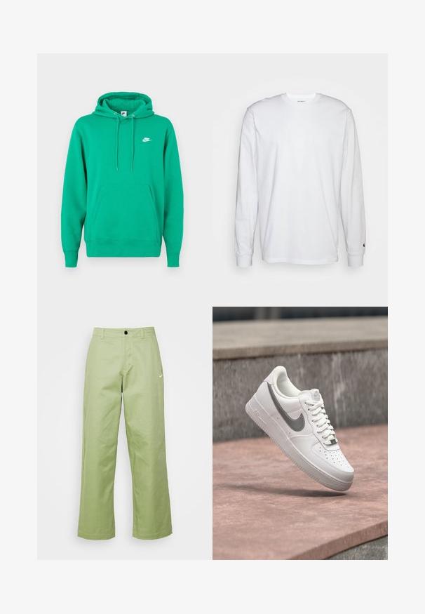 Zelená mikina Nike s vreckom na prednej strane, kapucňou so šnúrkou a malým bielym logom na ľavej hrudi. Mäkká tkanina, štandardný strih.; Biela dlhá bavlnená tričko s dlhým rukávom. Dizajn s okrúhlym výstrihom a rebrovanými manžetami, malá nášivka na ľavom rukáve. Hladká textura.; Svetlozelené široké nohavice vyrobené z hladkej tkaniny so zapínaním na gombík, na prednej strane s malým logom Nike.; Biela teniska Nike Air Force 1 so sivým logom swoosh, ktorá visí nad kamenným povrchom a sivou kamennou stenou v pozadí.