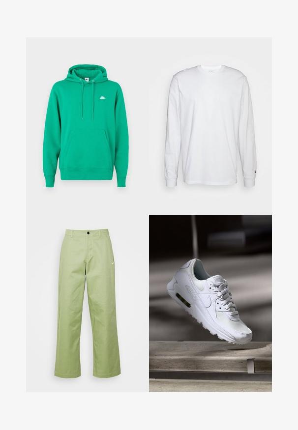 Haut à capuche Nike vert avec une poche avant, un cordon de serrage à la capuche et un petit logo blanc sur la poitrine gauche. Tissu doux, coupe standard.; T-shirt blanc à manches longues en coton. Design à col rond avec des poignets côtelés et un petit logo sur la manche gauche. Texture lisse.; Pantalons larges de couleur vert clair en tissu lisse avec une fermeture à bouton, arborant un petit logo Nike sur le devant.; Sneaker Nike Air Max 90 blanche avec une tige en mesh et cuir, une boîte à orteils perforée et une unité air visible au talon.