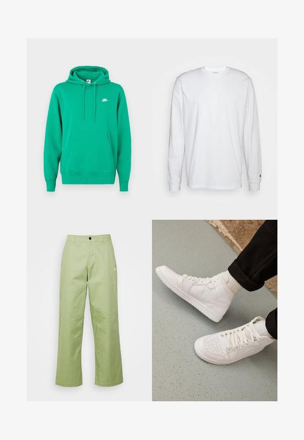 Πράσινη φόρμα Nike με τσέπη μπροστά, κουκούλα με κορδόνι και μικρό λευκό λογότυπο στο αριστερό στήθος. Μαλακό ύφασμα, κανονική εφαρμογή.; Λευκό μπλουζάκι με μακριά μανίκια από βαμβάκι. Σχέδιο crew neck με ριμπ μανίκια και μικρό λογότυπο στο αριστερό μανίκι. Λείος υφάνσεις.; Φωτεινές πράσινες παντελόνες σε φαρδιά γραμμή, κατασκευασμένες από απαλό ύφασμα με κούμπωμα, διαθέτουν μικρό λογότυπο Nike στο μπροστινό μέρος.; Λευκά ψηλά αθλητικά παπούτσια από λείο δέρμα με διατρυπημένη μύτη, κλείσιμο με κορδόνια και διακριτική λεπτομέρεια του λογότυπου στο πλάι. Αυξημένη σόλα από καουτσούκ με υφή.