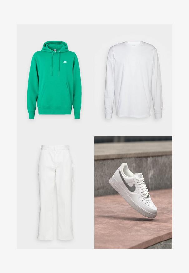 Πράσινη φόρμα Nike με τσέπη μπροστά, κουκούλα με κορδόνι και μικρό λευκό λογότυπο στο αριστερό στήθος. Μαλακό ύφασμα, κανονική εφαρμογή.; Λευκό μπλουζάκι με μακριά μανίκια από βαμβάκι. Σχέδιο crew neck με ριμπ μανίκια και μικρό λογότυπο στο αριστερό μανίκι. Λείος υφάνσεις.; Λευκό βαμβακερό παντελόνι με ίσια γραμμή, τρύπες ζώνης και πλάγιες τσέπες, με λεία υφή και ελάχιστες λεπτομέρειες.; Λευκό sneaker Nike Air Force 1 με γκρι λογότυπο swoosh να αιωρείται πάνω από μια πέτρινη επιφάνεια και φόντο από γκρι πέτρινο τοίχο.