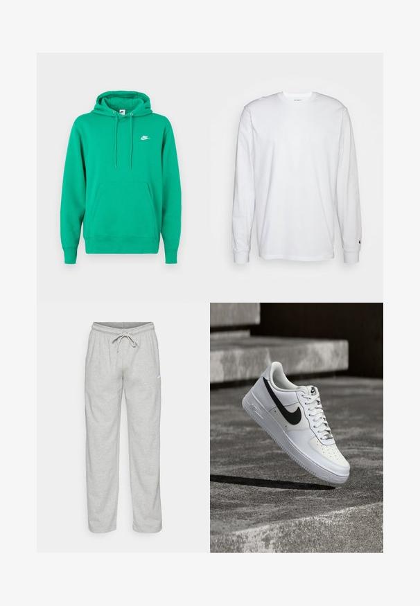 Grüner Nike-Hoodie mit einer vorderen Kängurutasche, Kapuze mit Zugband und einem kleinen weißen Logo auf der linken Brust. Weicher Stoff, normale Passform.; Weißes Langarm-T-Shirt aus Baumwolle. Rundhals-Design mit gerippten Bündchen und kleinem Logo auf dem linken Ärmel. Glatte Textur.; Helle graue Sweatpants aus weichem Stoff. Mit einem elastischen Bund und Kordelzug sowie dem schwarzen Nike-Logo auf dem linken Oberschenkel.; Weißer Nike Air Force 1 Sneaker mit schwarzem Swoosh, geschnürten Schnürsenkeln, schwebend in der Luft über einer strukturierten Betonoberfläche im Freien.