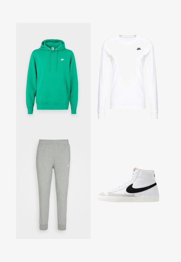 Grüner Nike-Hoodie mit einer vorderen Kängurutasche, Kapuze mit Zugband und einem kleinen weißen Logo auf der linken Brust. Weicher Stoff, normale Passform.; Weißes Langarm-T-Shirt aus Baumwolle mit kleinem schwarzem Nike-Logo auf der linken Brust und rundem Halsausschnitt. Glatte Textur.; Graue Sweatpants aus weichem Stoff, mit schmal zulaufendem Bein, elastischem Bund und kleinem weißen Nike-Logo am linken Oberschenkel.; Weiße High-Top-Sneaker mit einem schwarzen Swoosh, strukturiertem grauen Zehenkappeneinsatz und flacher weißer Sohle. Verfügt über sechs Ösen und genähte Akzente.