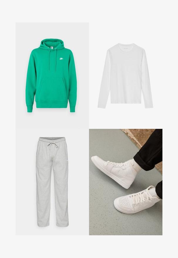Roheline Nike kapuutsiga sviiter, millel on esine tasku, nööriga kapuuts ja väike valge logo vasakul rinnal. Pehme kangas, tavapärane lõige.; Valget pikkade varrukatega t-särk, valmistatud pehmest puuvillast, ümar kaelusega ja sileda tekstuuriga, ilma nähtavate mustrite või aksessuaardeta.; Heledad hallhallid, mis on valmistatud pehmest kangast. Omab elastset vöökohta, millel on nöör ja must Nike logo vasakul reitel.; Valged kõrged spordijalatsid sujuvast nahast, millel on perforatsioonidega varvas, paeltega sulgemine ja diskreetne logodetail küljel. Tekstuuriga kummitald.