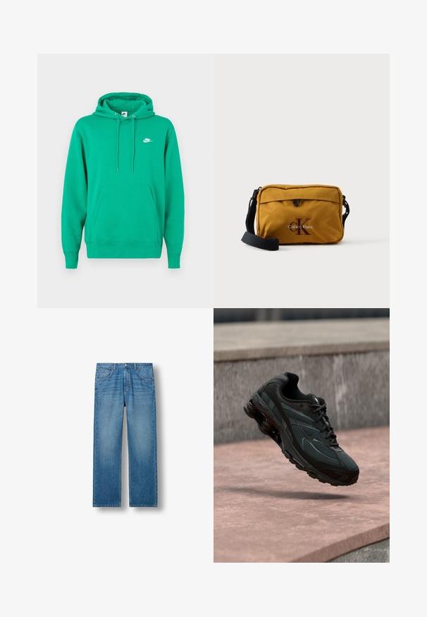 Vihreä Nike-huppari, jossa on etupussitasku, kiristettävä huppu ja pieni valkoinen logo vasemmassa rintataskussa. Pehmeä kangas, normaali istuvuus.; Siniset farkut suoran leikkauksen kanssa. Ominaisuuksiin kuuluu viisi taskua, vyölenkit ja haalistunut pinta, joka korostaa vaaleampia sinisiä sävyjä.; Mustat urheilukengät, joissa näkyvä ilmavaimennuksella varustettu välipohja kelluu vaaleanpunaisen kiven pinnan yläpuolella harmaan kiviseinän taustalla.; Keltainen kangaslaukku, jossa on suorakulmainen muoto, vetoketjusuljenta ja punainen "Calvin Klein" -logo. Musta säädettävä hihna.
