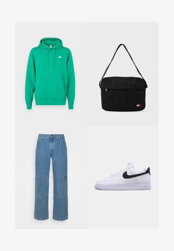 Roheline Nike kapuutsiga sviiter, millel on esine tasku, nööriga kapuuts ja väike valge logo vasakul rinnal. Pehme kangas, tavapärane lõige.; Heledsinine teksapüksid, millel on mugav lõige, omaduseks on lapitööd, ülemine nupuvajutus, viis taskut ja peen bränding säärel.; Valge nahast toss musta tekstuuriga Swooshiga, lamedate nööridega ja kummist tallaga, millel on sooneline muster. "AIR" on reljeefne kandadel.; Musternahk kott, millel on lame kuju, lukuga sulgemine, esi-tasku ja logo märk. Omab pikka, reguleeritavat randmeõlapaela.
