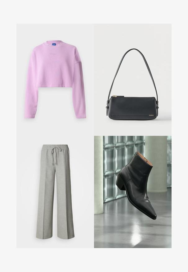 Lichtpaarse cropped sweatshirt met lange mouwen, geribbelde halslijn en geborduurd logo op de voorkant. Gemaakt van zachte, textuele stof.; Lichtgrijze wijde broek met elastische tailleband en trekkoord, voorzakken en een subtiele gestructureerde stof.; Zwarte leren enkellaars met een spitse neus en blokhak die zweeft boven een reflecterende grijze vloer nabij een glazen blokmuur.; Zwarte rechthoekige lederen schoudertas met gouden ritssluiting en klein goudkleurig "HUGO"-logo aan de voorkant, voorzien van een verstelbare riem met gesp.