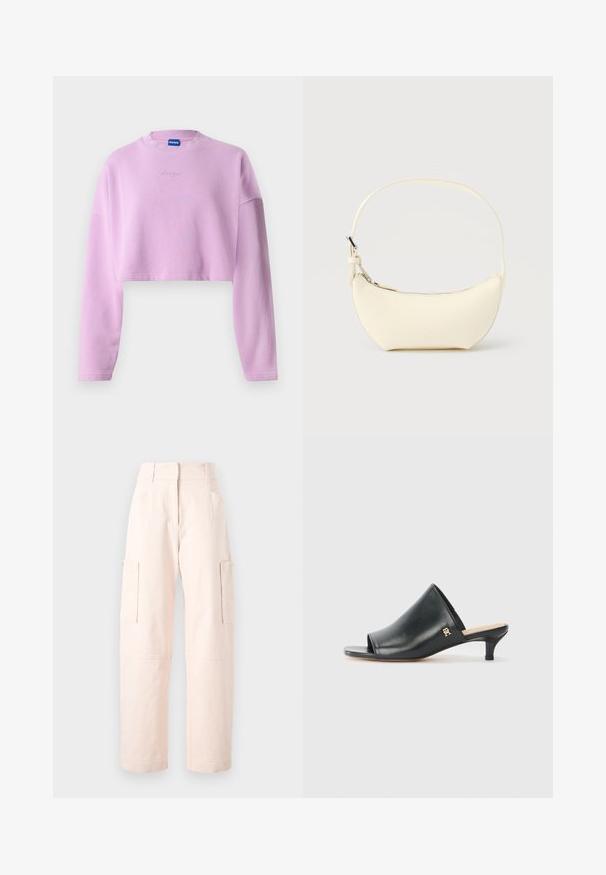 Sweat-shirt court violet clair avec manches longues, encolure côtelée et logo brodé à l'avant. Fabriqué à partir d'un tissu doux et texturé.; Pantalons cargo rose clair en coton, avec une coupe droite, deux poches latérales et une taille avec des détails élastiques.; Mules ouverts en cuir noir avec un talon bas. Présentent une surface lisse et un accent logo doré sur le côté.; Petit sac à main en cuir crème en forme de croissant avec une seule bandoulière et une fermeture éclair supérieure sur un fond uni.
