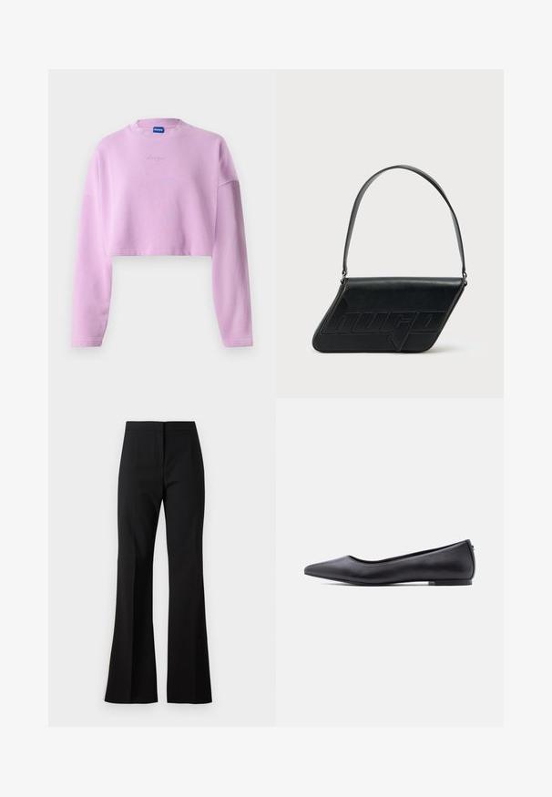Sweat-shirt court violet clair avec manches longues, encolure côtelée et logo brodé à l'avant. Fabriqué à partir d'un tissu doux et texturé.; Pantalon noir évasé en tissu lisse, avec une taille haute, des plis sur le devant et une finition nette aux ourlets.; Chaussure plate en cuir noire à bout pointu avec petit talon, vue de profil sur fond blanc.; Sac d'épaule en cuir noir de forme triangulaire, avec un logo embossé et une seule bandoulière réglable. Design minimaliste avec une texture lisse.