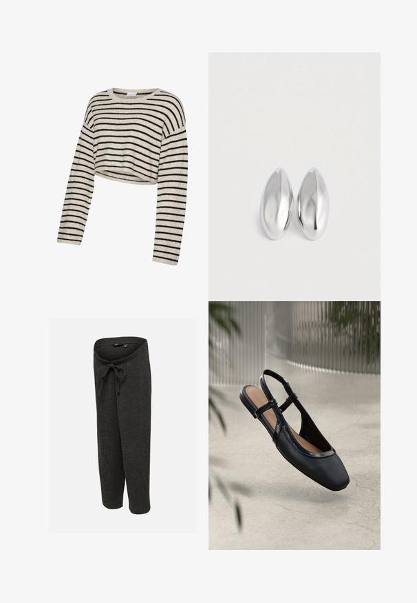 Pull court beige à rayures horizontales noires, manches longues et col rond.; Pantalon en maille gris foncé, coupe ample, avec un cordon à la taille élastique, présenté sur un fond clair uni.; Chaussure plate slingback en cuir noir avec un orteil carré, dotée d'un fini verni brillant et de sangles ajustables pour un maintien sécurisé.; Paire d'objets ovales en argent luisant et lisse disposés côte à côte sur un fond blanc uni.
