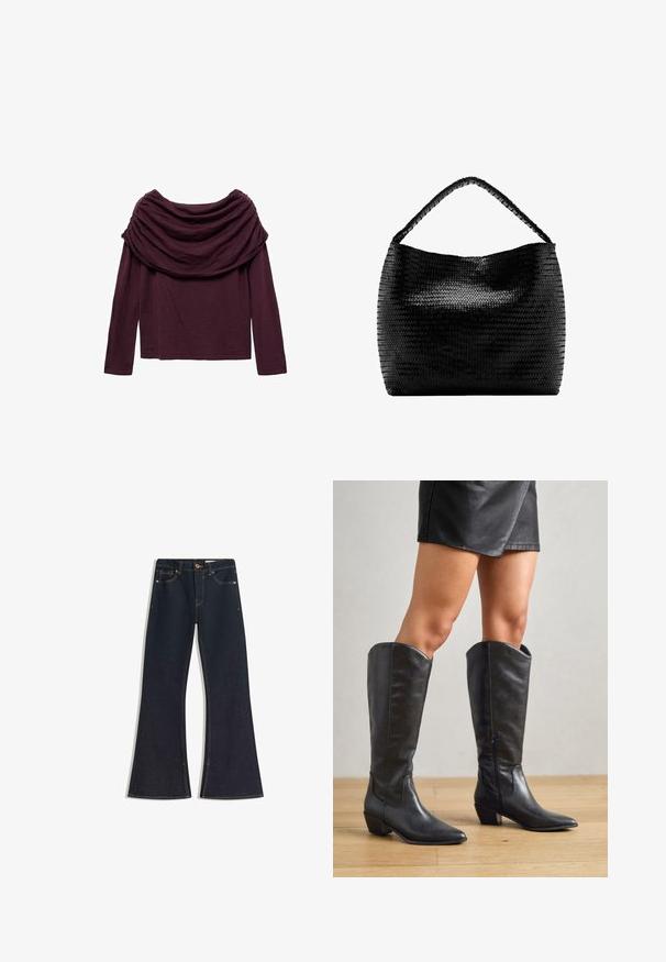 Langærmet top i dyb lilla med en draperet cowl-neck og blød tekstur. Designet er afslappet og let løstsiddende.; Mørke denim flare jeans med høj talje, kontrastsyede sømme, knaplukning og fire lommer. Buksebenene bliver bredere ved kanten.; Sorte knæhøje støvler lavet af glat læder, med spidse tæer, lav blokhæle og lynlås i siden for nem påtagning.; Sort vævet håndtaske med et enkelt flettet håndtag og en bred, blød rektangulær krop mod en hvid baggrund.