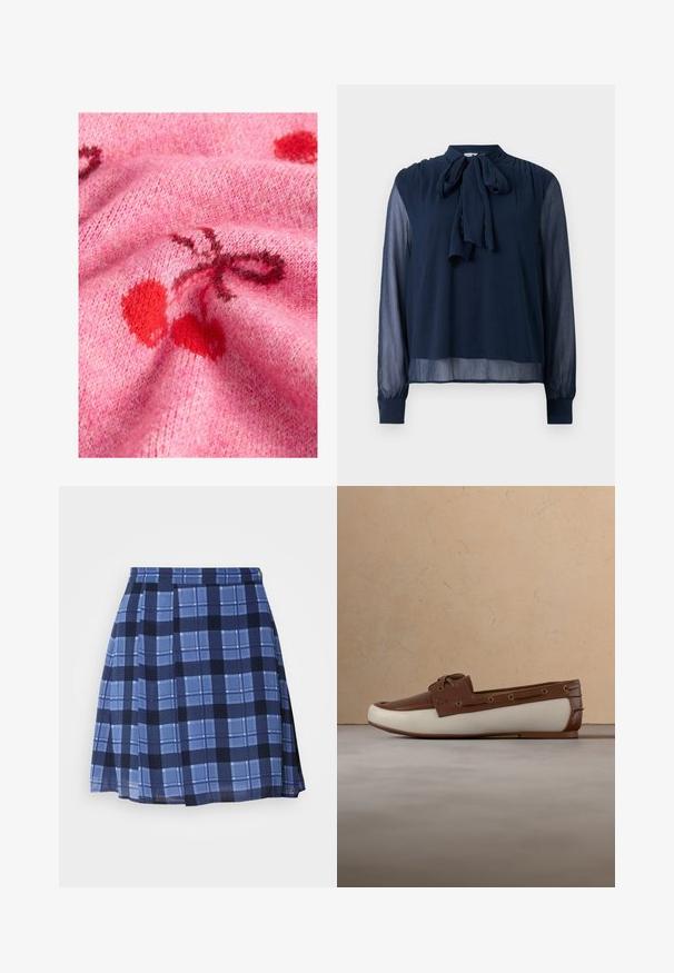 Tissu de pull en tricot rose avec une texture lisse, présentant des motifs de cerises rouges et des accents plus foncés. L'arrière-plan met en valeur un aspect doux et duveteux.; Blouse long à manches transparentes bleu marine avec un nœud à l'encolure et des poignets boutonnés, présentant un tissu légèrement texturé.; Jupe à carreaux bleus avec plis, présentant des nuances de bleu et des motifs bleu marine foncé. Fabriquée dans un tissu léger, elle inclut un branding subtil.; Mocassin en cuir marron avec semelle crème et détails lacés flottant au-dessus d'un tapis beige et d'un canapé dans une pièce aux tons neutres.