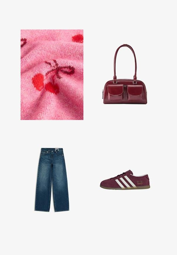 Tissu de pull en tricot rose avec une texture lisse, présentant des motifs de cerises rouges et des accents plus foncés. L'arrière-plan met en valeur un aspect doux et duveteux.; Jean bleu taille haute à jambes larges avec poches devant et derrière et un détail de ceinture boutonnée en diagonale.; Baskets en daim bordeaux avec accents rayés blancs, bout arrondi et semelle en caoutchouc gomme. Comprend une étiquette logo sur le côté extérieur.; Sac à main en cuir rouge foncé avec deux poches avant à rabat et longues bandoulières, présenté sur fond blanc.