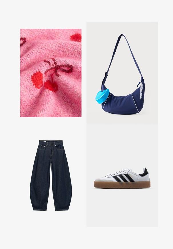 Tissu de pull en tricot rose avec une texture lisse, présentant des motifs de cerises rouges et des accents plus foncés. L'arrière-plan met en valeur un aspect doux et duveteux.; Jean en denim bleu foncé à jambes larges avec poches avant, passants de ceinture et fermeture par bouton à la taille.; Baskets en cuir blanc avec des rayures noires, semelle extérieure en caoutchouc beige, bout rond, fermeture lacée et embout en suède gris doux.; Sac d'épaule bleu marine avec une longue bandoulière, des détails en passepoil blanc, une petite pochette bleu vif attachée et une décoration en dentelle blanche sur le côté.