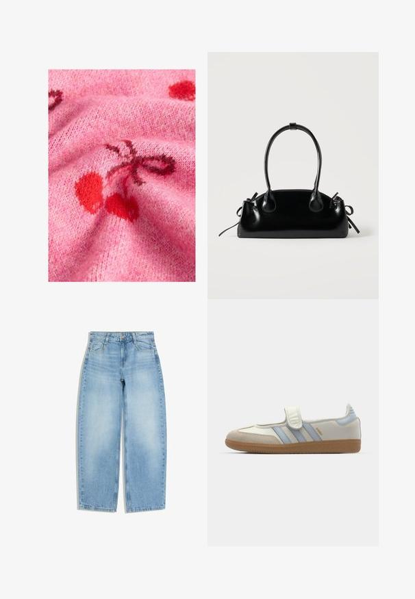 Strikket lyserød sweaterstof med en glat tekstur, der har røde kirsebærmønstre og mørkere nuancer. Baggrunden viser et blødt, fuzzy udseende.; Lyseblå jeans med vide bukseben, forlommer, bæltestropper og knaplukning på hvid baggrund.; adidas Originals SAMBA JANE BALLERINA - Ballerinasko m/ rem - cloud white/halo blue; Lille sort blank håndtaske med to lange håndtag og snøre-detaljer i siden på en ensfarvet lys baggrund.
