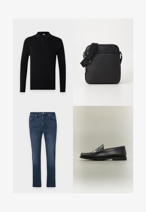 Sort langærmet polo-shirt med ribbet tekstur, tre-knaps placket og en blød krave. Enkel og alsidig design.; Mørkeblå slim-fit denimjeans med front- og myntlommer, knaplukning og subtilt slid på lårene.; Sort læder herresko med moc-toe-design, penny-rem og lav hæl på en neutral baggrund.; Sorth læder crossover taske med en tekstureret overflade, der har en frontlomme med lynlås, justerbar strop og metal hardware detaljer.