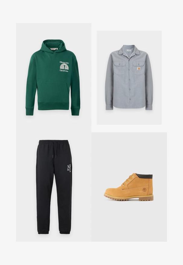 Roheline puuvillaseguse kandiga kapuutsi särk, millel on ees kangaroo tasku ja tikand "Ellesse 1959" ning "Club di Corsa" tekstiga.; helehall pikkade varrukatega särg, millel on kaks rinnataskut ja parempoolsel taskul väike Carhartti logoga silt.; Mustad dressipüksid elastse vöökoha ja paeltega, millel on valge "New Balance" logo vasaku reie ülaosas.; Pruun nahast keskmise kõrgusega saapad ümmarguse varbaga, pruunide aktsentidega, kollaste metallist silmadega ja robustse tallaga. Timberlandi logo on küljele pressitud.