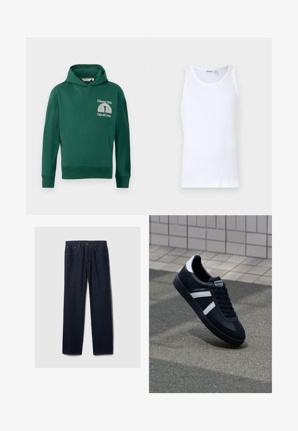Roheline puuvillaseguse kandiga kapuutsi särk, millel on ees kangaroo tasku ja tikand "Ellesse 1959" ning "Club di Corsa" tekstiga.; Valge puuvillane top, millel on ümar kaelus ja laiad rihmad. Sile tekstuur, mustreid pole, puhas disain ja brändi silt kaeluses.; Tumedast sinised sirged teksad viie tasku kujundusega, nööbiga sulgemine ja nähtav õmblus heledal taustal.; Must have musta sneaker musta valgete triipudega, tekstuurne kummitald ja nööridega esiosa. Omab bränditud märki keele peal.