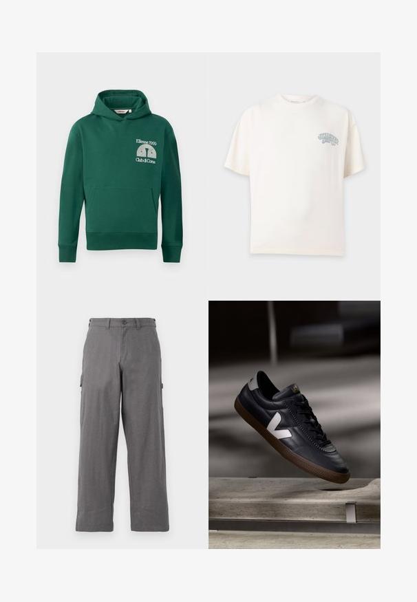 Zelená mikina s kapucňou z bavlneného zmesi, s predným klokaním vreckom a vyšitým logom s textom "Ellesse 1959" a "Club di Corsa".; Biele tričko s krátkym rukávom s malým modrým logom "Hollister Surf Co." na ľavej strane hrude, jednoduchý štýl, zobrazené na neutrálnom pozadí.; Sivé cargo nohavice s priamym strihom, vyrobené z odolnej tkaniny. Obsahujú bočné vrecká a zapínanie na gombík v páse.; Čierne kožené tenisky s bielym logom V, šnurovanie vpredu, perforované detaily a hnedá gumová podošva; štíhly dizajn s minimálnymi akcentmi.