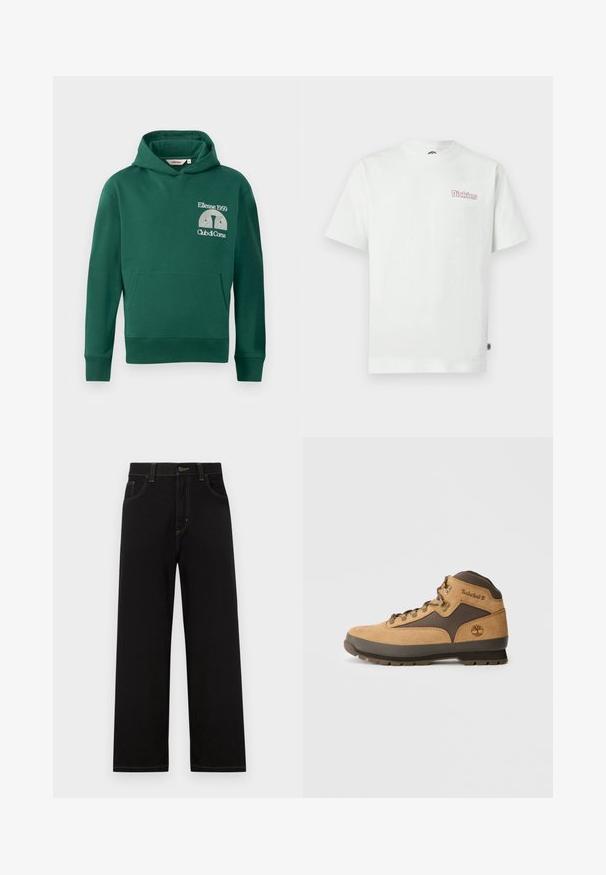 Grüne Kapuzenjacke aus Baumwollmischung, ausgestattet mit einer vorderen Kängurutasche und gesticktem Logo mit dem Text "Ellesse 1959" und "Club di Corsa".; Weißes Baumwoll-T-Shirt mit kurzen Ärmeln, Rundhalsausschnitt und einem pinkfarbenen "Dickies"-Logo auf der linken Brust. Glatte Textur.; Schwarze Jeans mit geradem Schnitt, ausgestattet mit Fronttaschen, kontrastierenden gelben Nähten und einem Knopfverschluss an der Taille.; Braune Wildleder-Wanderstiefel mit dunkelbraunen Akzenten, Metallösen und rutschfester Sohle. Timberland-Logo auf der Seite geprägt. Mid-Top-Design.