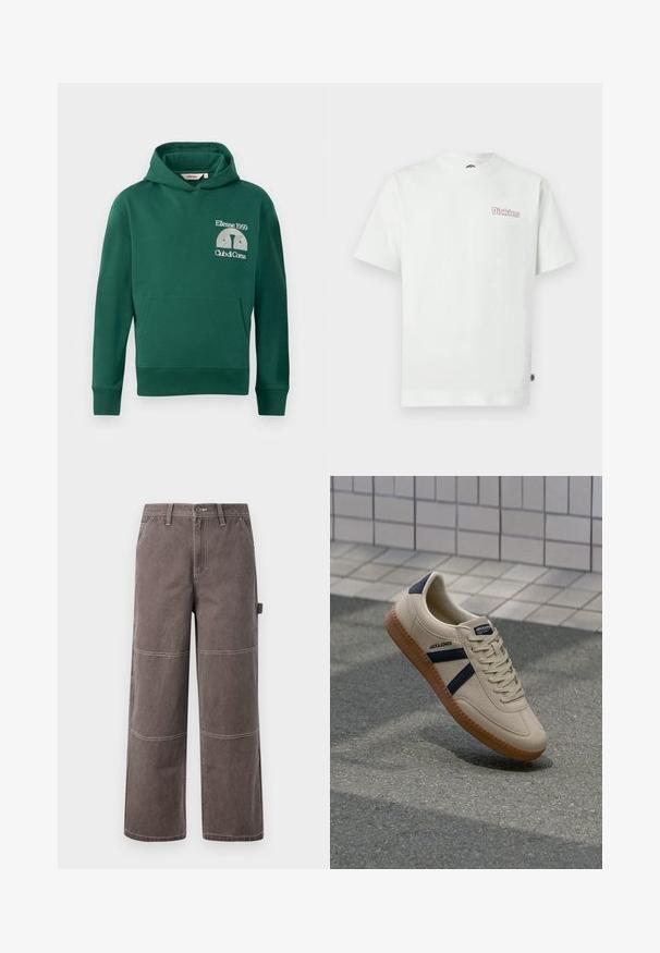 Zelená mikina s kapucňou z bavlneného zmesi, s predným klokaním vreckom a vyšitým logom s textom "Ellesse 1959" a "Club di Corsa".; Biele bavlnené tričko s krátkymi rukávmi, okrúhlym výstrihom a ružovým logom "Dickies" na ľavej strane hrudníka. Hladká textúra.; Široké nohavice v vyblednutej hnedej farbe, vyrobené z odolnej tkaniny s kontrastným prešívaním. Obsahujú panelové detaily a bočnú kapsu.; Béžové tenisky s textúrovaným povrchom, námorníckymi pruhmi a gumovou podrážkou. Obsahujú polstrovaný jazyk a tradičný šnurovací systém pre bezpečné prispôsobenie.