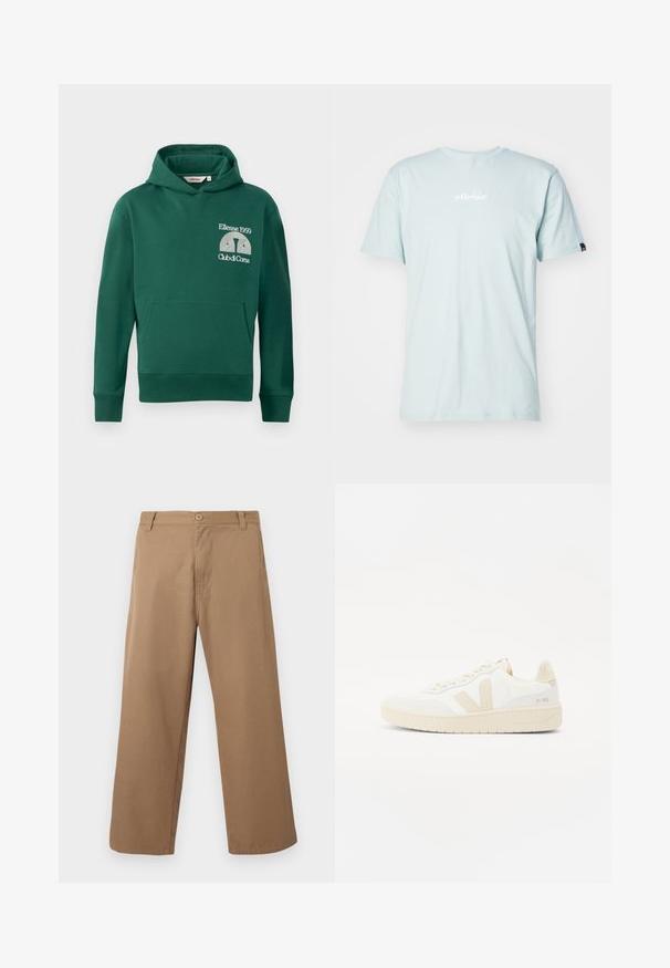 Grüne Kapuzenjacke aus Baumwollmischung, ausgestattet mit einer vorderen Kängurutasche und gesticktem Logo mit dem Text "Ellesse 1959" und "Club di Corsa".; Helles blaues Baumwoll-T-Shirt mit kurzen Ärmeln und Rundhalsausschnitt. Besitzt ein weißes "ellesse"-Logo auf der Brust und ein kleines Akzentlabel am Ärmel.; Beige weit geschnittene Hosen mit Gürtelösen, vorderem Knopf- und Reißverschluss, vor einem einfarbigen hellen Hintergrund dargestellt.; Weißer Sneaker mit beigen Akzenten, ausgestattet mit einem strukturierten Obermaterial, runder Zehenpartie und einer dicken Gummisohle. Das Design umfasst das ikonische V-Logo und Branding.
