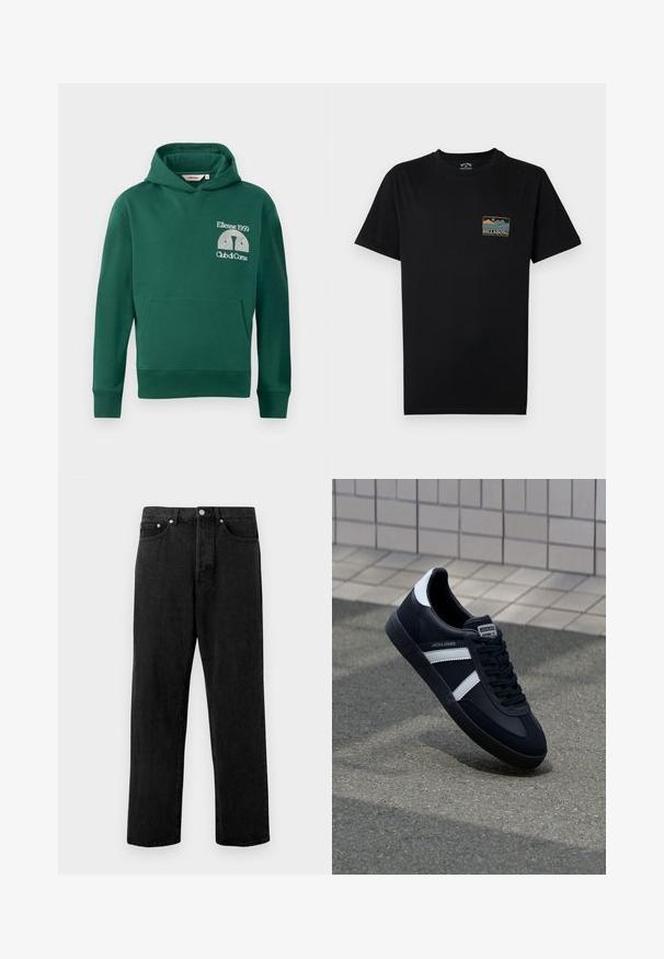 Grüne Kapuzenjacke aus Baumwollmischung, ausgestattet mit einer vorderen Kängurutasche und gesticktem Logo mit dem Text "Ellesse 1959" und "Club di Corsa".; Schwarzes Kurzarm-T-Shirt mit kleinem mehrfarbigem Berg- und Ozean-Motiv und dem Schriftzug "BILLABONG Adventure division" auf der linken Brust.; Schwarze Jeans aus Denim mit geradem Bein, fünf Taschen, metallischer Knopfverschluss und dezentem Verblassen des Stoffes.; Schwarze Leder-Sneaker mit weißen Streifen, strukturiertem Gummisohle und Schnürung. Verfügt über ein Markenetikett auf der Zunge.