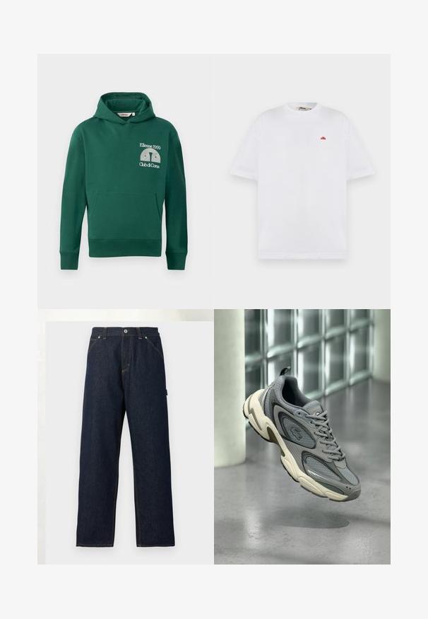 Grüne Kapuzenjacke aus Baumwollmischung, ausgestattet mit einer vorderen Kängurutasche und gesticktem Logo mit dem Text "Ellesse 1959" und "Club di Corsa".; Weißes kurzärmeliges T-Shirt mit Rundhalsausschnitt und kleinem rotem Logo auf der linken Brustseite.; Dunkelblaue Jeans mit geradem Bein, Vorderentaschen, Gürtelschlaufen und Knopfverschluss in der Taille vor einfarbigem Hintergrund.; Grauer und weißer Sneaker mit Mesh- und Lederpaneelen, schwebend über einem polierten Betonboden vor einer Wand aus Glasbausteinen.