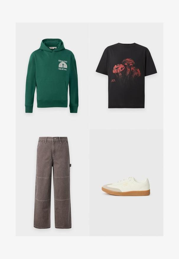 Groene hoodie van een katoenmix, met een voorvak in kangoeroestijl en een geborduurd logo met de tekst "Ellesse 1959" en "Club di Corsa".; Zwart T-shirt met korte mouwen met rode kwal-illustratie aan de voorkant en klein Oakley-logo onder het ontwerp.; Wijd been broek in een vervaagde bruine kleur, gemaakt van duurzaam materiaal met contrasterende stiksels. Kenmerkt paneeldetails en een zijzak.; Schoen gemaakt van wit leer met een beige teenkap en een lichtbruine rubberen zool. Voorzien van platte witte veters en reliëfbranding aan de zijkant.