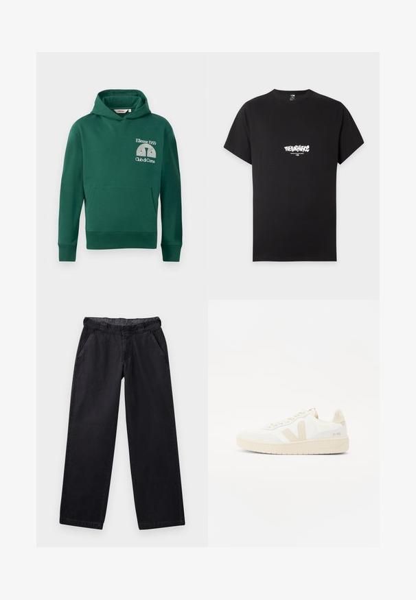 Grüne Kapuzenjacke aus Baumwollmischung, ausgestattet mit einer vorderen Kängurutasche und gesticktem Logo mit dem Text "Ellesse 1959" und "Club di Corsa".; Schwarzes T-Shirt mit kurzen Ärmeln, weißem "The North Face" Logo und "Never Stop Exploring" Text, zentriert auf der Brust.; Schwarze weite Hosen aus robustem Stoff, mit flachem Bund, zwei seitlichen Taschen und einer glatten Textur.; Weißer Sneaker mit beigen Akzenten, ausgestattet mit einem strukturierten Obermaterial, runder Zehenpartie und einer dicken Gummisohle. Das Design umfasst das ikonische V-Logo und Branding.