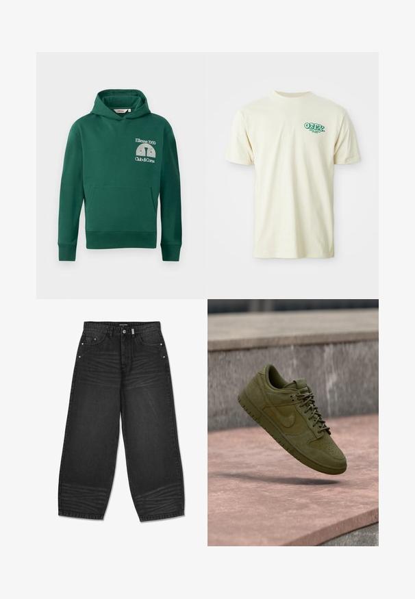 Vihreä huppari, joka on valmistettu puuvillasekoitteesta. Hupparissa on edessä kengurutasku ja brodeerattu logo, jossa on tekstit "Ellesse 1959" ja "Club di Corsa".; Kermakotoinen t-paita lyhyillä hihoilla ja pyöreällä kaula-aukolla, jossa on vihreä "OBEY VISUAL DEBIR" -logo vasemmassa ylärinnassa.; Mustat farkut, joissa on leveät lahkeet, korkea vyötärö, viisi taskua, hienovaraiset kulutukset ja tonaliset ompeleet. Mukana hopeiset yksityiskohdat.; Oliivinvihreä Nike-tennari, jossa mokka- ja nahkakappaleita, leijuu kiven pinnan yläpuolella harmaan kivitaustan edessä.