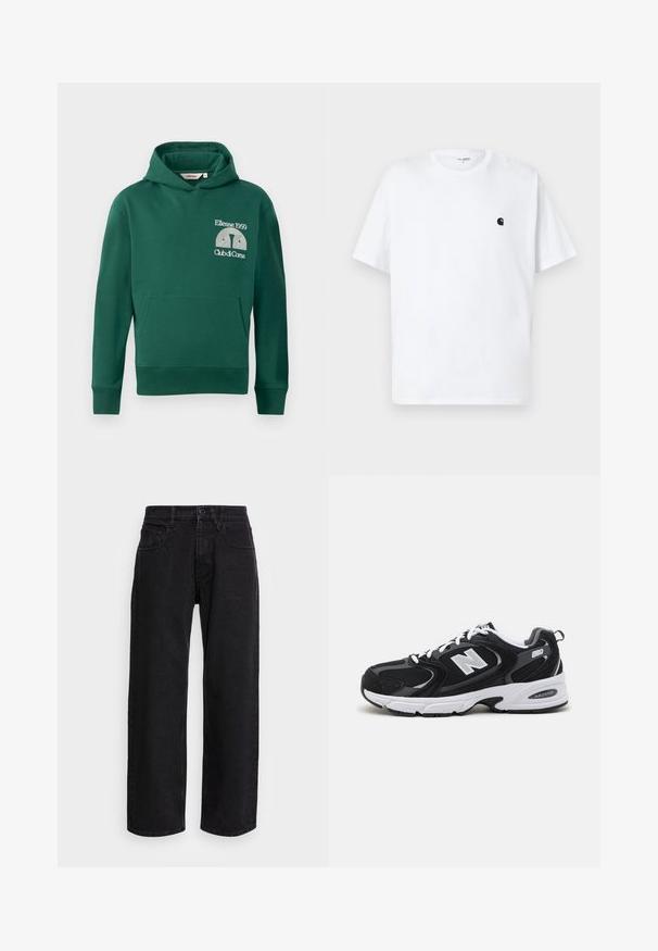 Grüne Kapuzenjacke aus Baumwollmischung, ausgestattet mit einer vorderen Kängurutasche und gesticktem Logo mit dem Text "Ellesse 1959" und "Club di Corsa".; Weißes T-Shirt mit kurzen Ärmeln und Rundhalsausschnitt, kleines schwarzes Logo auf der linken Brust, schlichtes Design, flach auf hellem Hintergrund liegend.; Schwarze Denim-Hosen mit weitem Bein und hoher Taille, ausgestattet mit fünf Taschen und einem Knopfverschluss. Der Stoff hat eine glatte Textur und leichten Stretch.; Schwarze und graue Sportschuhe mit Obermaterial aus Mesh und Wildleder, ausgestattet mit einer weißen Zwischensohle, Schnürsenkeln und einem markanten "N"-Logo an der Seite.