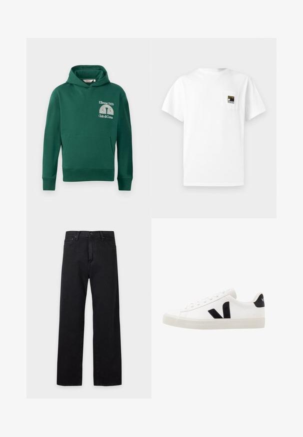 Groene hoodie van een katoenmix, met een voorvak in kangoeroestijl en een geborduurd logo met de tekst "Ellesse 1959" en "Club di Corsa".; Wit katoenen t-shirt met korte mouwen en een borstzakje met een berglogo in zwart en goud. Eenvoudig, onopgesmukt ontwerp.; Zwarte jeans met rechte pijpen, vooraan knoop- en ritssluiting, riemlussen en een ontwerp met vijf zakken op een effen lichte achtergrond.; Witte leren sneaker met zwarte suède accenten; voorzien van een rubberen zool, ronde neus en een klassieke vetersluiting. Zijkant met logo in het zwart.