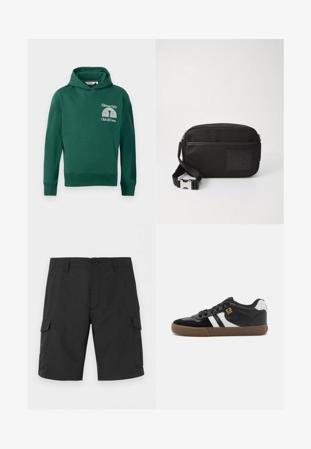 Roheline puuvillaseguse kandiga kapuutsi särk, millel on ees kangaroo tasku ja tikand "Ellesse 1959" ning "Club di Corsa" tekstiga.; Mustad põlveni pikkused cargo-stiilis lühikesed püksid vöökandade, nööpidega kinnituse, esitaskute ja mõlemal küljel klapiga taskutega.; Mustvalged ja valged tossud, mille pealisosa on valmistatud sametist ja nahast, valgete triipudega, mustade paeltega ja pruunist kummist tallaga. Kuldse logo aktsendid.; Mustast nailonist valmistatud risti kandmiseks mõeldud kott koos tekstuuritud logopaiga, tõmblukuga ja Reguleeritava rihmaga, millel on hõbedane klamber.