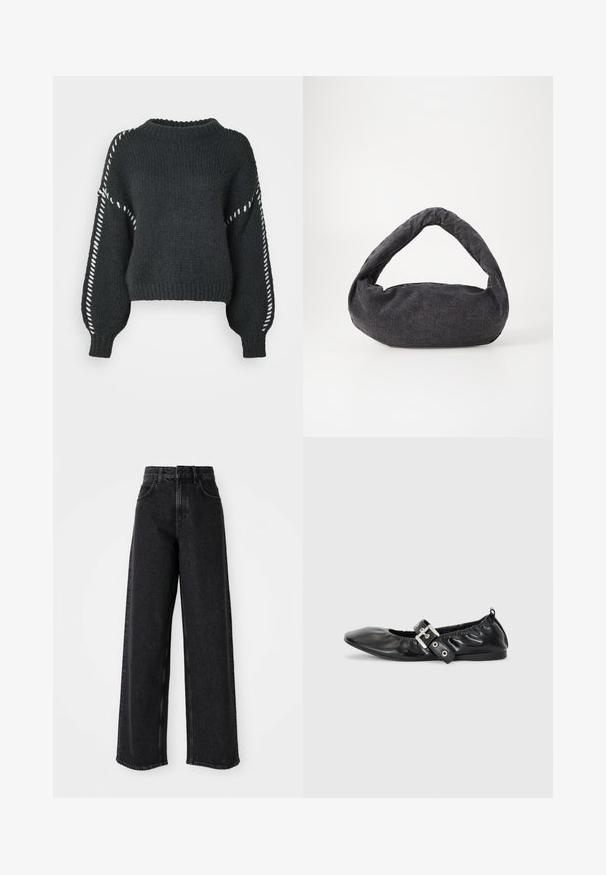 Vero Moda VMFENG O NECK - Pullover - asphalt; Jean en denim noir à taille haute et jambes larges, avec un design classique à cinq poches et des détails de couture subtils.; Chaussure plate en cuir noir avec un nez pointu, des détails froncés autour de l'ouverture et un accent en boucle argentée sur la bride ajustable.; Sac en tissu gris foncé avec une anse courbée, texture douce et forme arrondie. Pas de matériel ou d'embellissements visibles.