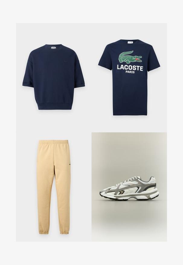 Sweatshirt bleu marine à manches courtes avec col rond, ourlet côtelé et petit logo sombre sur le côté gauche de la poitrine.; T-shirt bleu marine avec un logo crocodile vert et le texte blanc "LACOSTE PARIS" sur le devant, manches courtes, col rond.; Pantalon de jogging beige avec taille élastique et poignets, arborant un petit logo crocodile vert brodé sur la cuisse droite.; Chaussure de sport avec une tige en mesh blanc, des accents gris, une semelle en caoutchouc noire et un design épuré. Elle présente des lacets et des détails texturés.