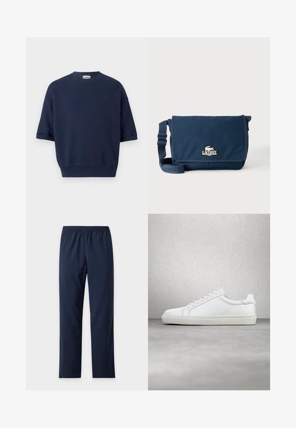 Sweatshirt bleu marine à manches courtes avec col rond, ourlet côtelé et petit logo sombre sur le côté gauche de la poitrine.; Pantalon bleu marine à taille élastique et jambes droites, en tissu lisse, présenté à plat sur un fond clair uni.; Sneaker blanche avec une tige en cuir lisse et un profil bas. Présente un bout arrondi, six œillets et une semelle en caoutchouc texturé.; Sac messager Lacoste bleu marine avec bandoulière réglable et écusson logo sur le rabat avant, sur un fond clair uni.