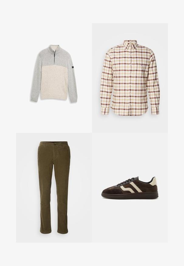 Pull en tricot gris clair et beige à motifs avec un col montant zippé à mi-hauteur, des poignets et un ourlet côtelés sur un fond uni.; Chemise à manches longues à boutons, présentant un motif à carreaux beige, marron et crème, avec un col classique et une poche avant.; Pantalon en velours côtelé vert olive à coupe droite, avec fermeture à bouton et poches avant. Texture douce avec des côtes verticales.; Baskets en daim et velours côtelé marron foncé avec des bandes latérales beige, lacets à l'avant et semelle en caoutchouc texturée, vues de côté sur fond blanc.