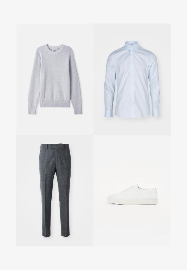 Pull en tricot gris clair avec un col rond, des manches longues, des poignets et un bas côtelés, présentant un motif de tissage texturé sur l'ensemble.; Chemise à manches longues bleu clair présentant un col classique, un devant à boutons et des boutons contrastants ; fabriquée en tissu lisse avec une finition nette.; Pantalons en laine gris avec une coupe slim, un devant plat et deux poches latérales. Ils ont une texture lisse et un motif de tissage subtil.; Baskets blanches en cuir avec une texture lisse, bout rond, semelle plate et un discret logo doré sur le côté. Design classique à lacets.