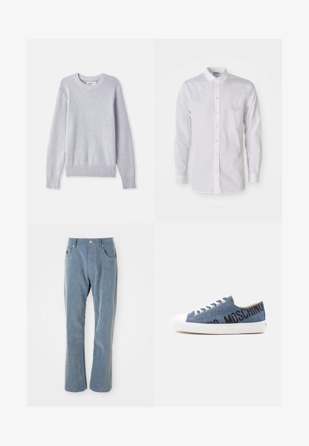 Suéter de punto gris claro con cuello redondo, mangas largas, puños y dobladillo acanalados, que presenta un patrón de tejido texturizado en toda su superficie.; Camisa blanca de manga larga con cuello abotonado y un sutil logo bordado en el lado izquierdo del pecho.; Pantalones de pana de color azul claro con cierre de botón y cremallera, bolsillos frontales y piernas rectas sobre fondo blanco.; Zapatilla baja de denim con suela de goma blanca y cordones, con texto negro "MOSCHINO" en el lateral.