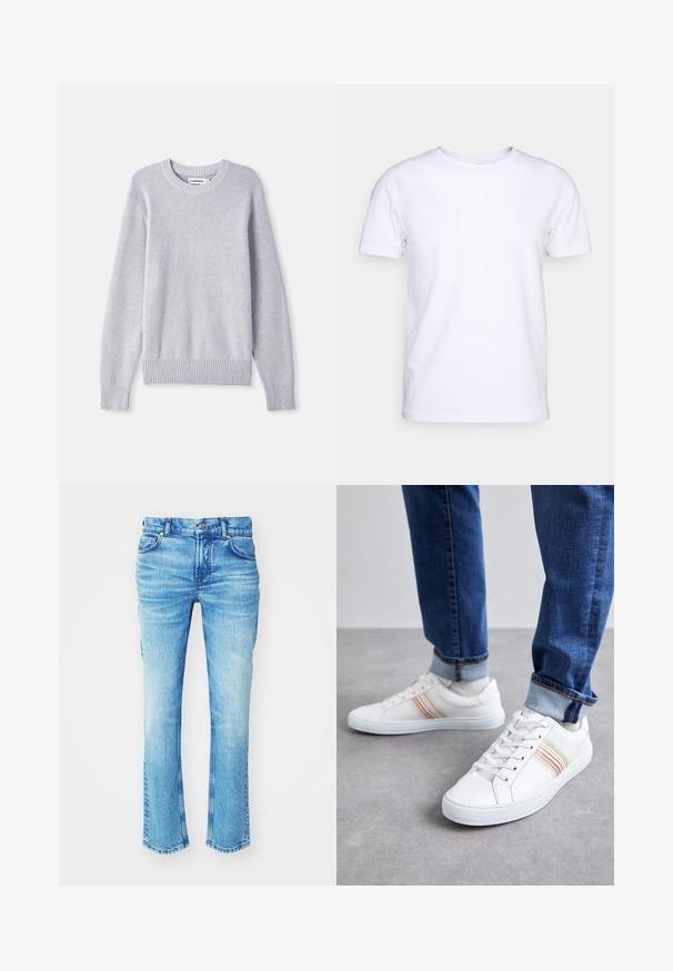Lichtgrijze gebreide trui met een ronde halslijn, lange mouwen, geribbelde manchetten en onderrand, met een gestructureerd weefpatroon door de gehele trui.; Witte katoenen t-shirt met korte mouwen en een ronde hals. Eenvoudig ontwerp zonder patronen of accenten. Glad textuur.; Blauwe denim jeans met een vervaagde wassing, recht model en ruwe zoom. Heeft een vijf-pocketstijl en metalen knoopdetails.; Witte leren sneakers met meerkleurige strepen, vetersluiting, rubberen zool en gevoerd kraagje, gecombineerd met blauwe spijkerbroek.