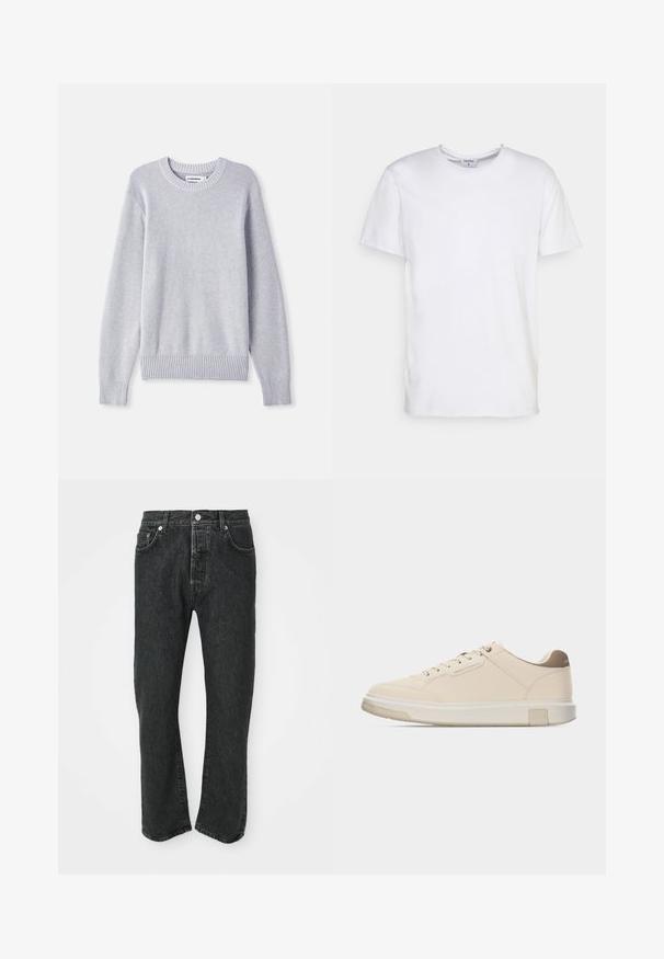 Lysegrå strikket sweater med rund halsudskæring, lange ærmer, ribbet manchetter og kant, prydet med et struktureret vævemønster hele vejen igennem.; Hvid kortærmet t-shirt lavet af bomuld. Har en rund halsudskæring og en afslappet pasform uden synlige mønstre eller detaljer.; Sorte lige bukser i denim med frontknap og lynlås, front- og baglommer synlige på en hvid baggrund.; Lave beige sneakers med snørelukning foran, "Armani Exchange"-logo på siden og polstret hvid sål med "A|X"-branding.